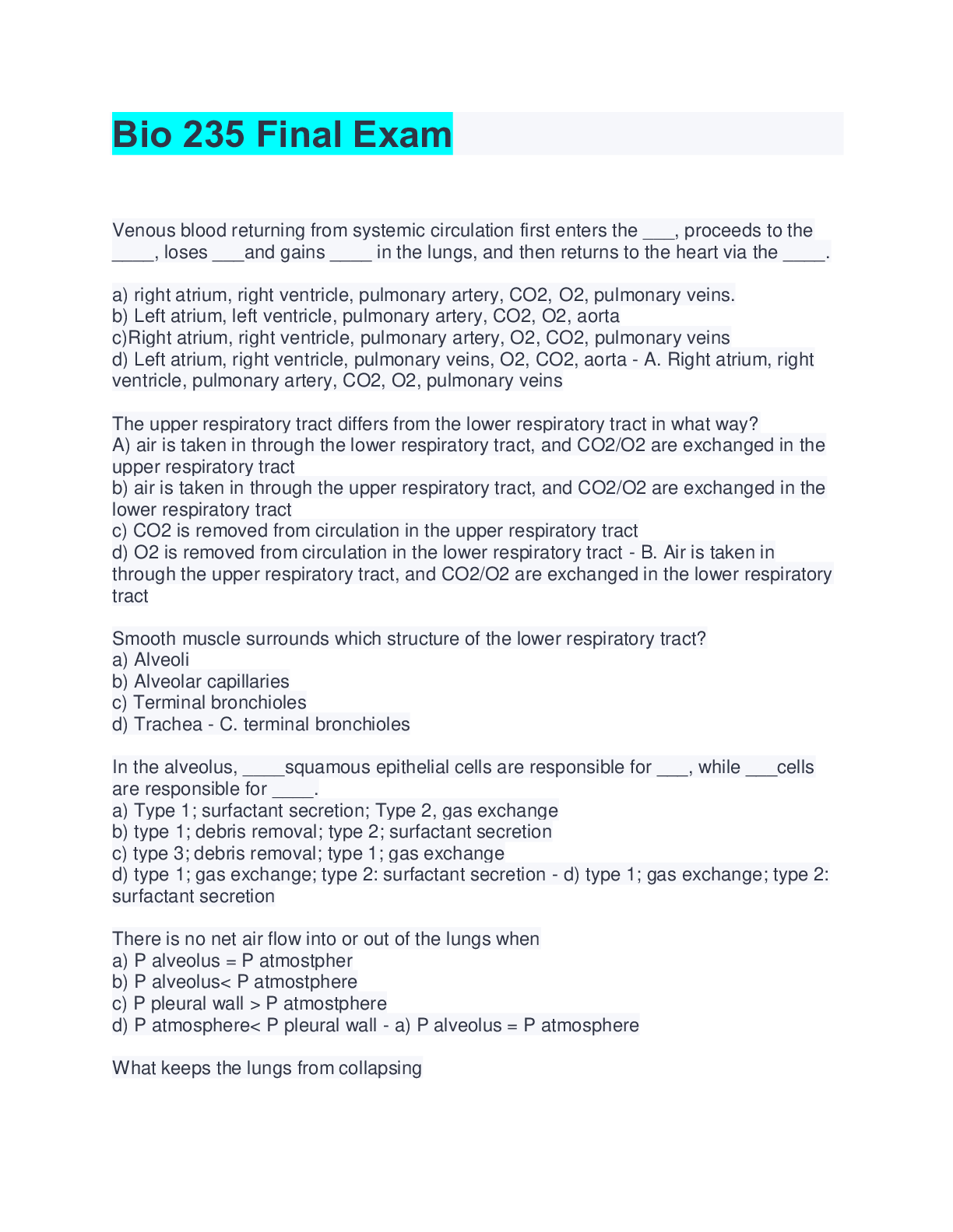 Preview of Bio 235 Final Exam Questions And Answers( With Complete top Solution Rated A)